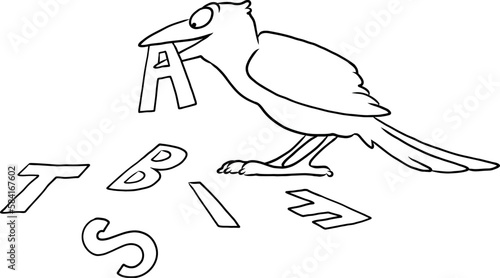 Cartoon eines Vogels mit dem Buchstabe A aus dem Alphabet im Schnabel beim buchstabieren, lesen und schreiben lernen für mehr Bildung und Wissen