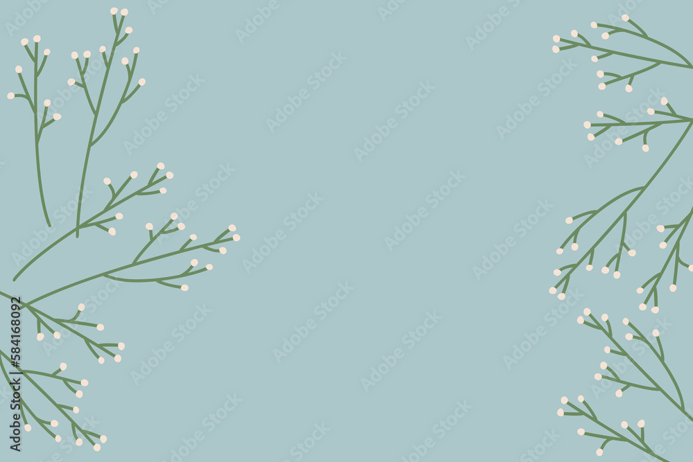Background of twigs on the sides. A frame of stylized plants in a flat style. Space for text. Vector illustration on a blue background. Background of twigs on the sides. A frame of stylized plants in a flat style. Space for text. Vector illustration on a blue background.