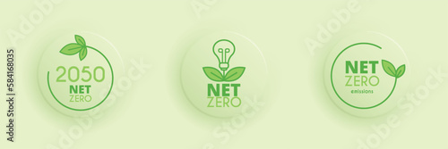 Zero emission by 2050. 3 emblems in green circles. Carbon neutral. Net zero greenhouse gas emissions objective. Climate neutral long term strategy. Vector illustration, flat, clip art.