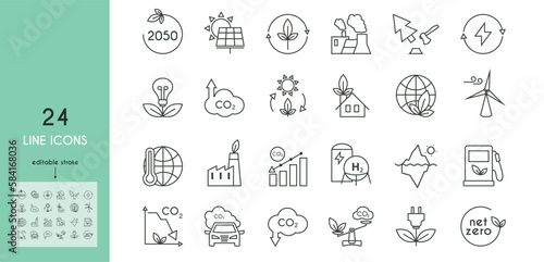 Net zero line icon set. Carbon neutral and net zero concept. Climate change, melting glaciers, deforestation, sustainable fuelEditable vector stroke. vector illustration.