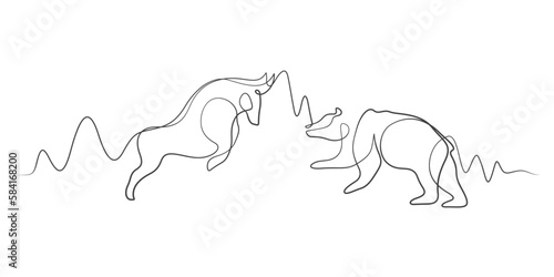 stock market exchange bull and bear concept in continuous line drawing calligraphic vector style illustration