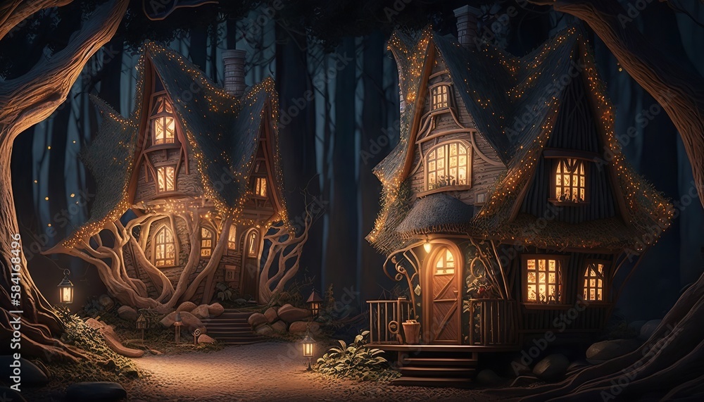 In a woodland, fantastical hobbit homes. Generative Ai.