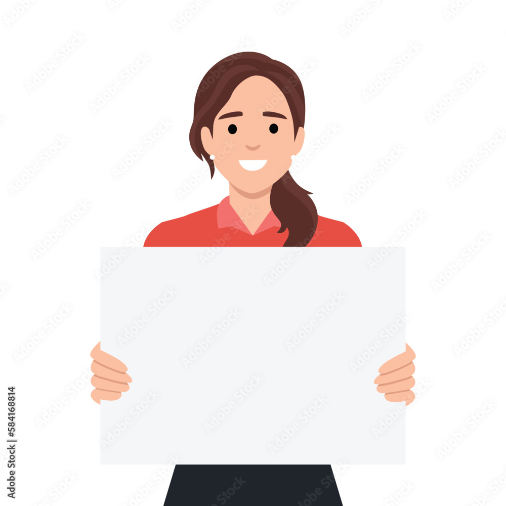 Young beautiful woman smiling and holding a blank / empty sheet of white paper or board. Woman showing a empty poster. Human emotion & body language concept Young beautiful woman smiling and holding a blank / empty sheet of white paper or board. Woman showing a empty poster. Human emotion & body language concept