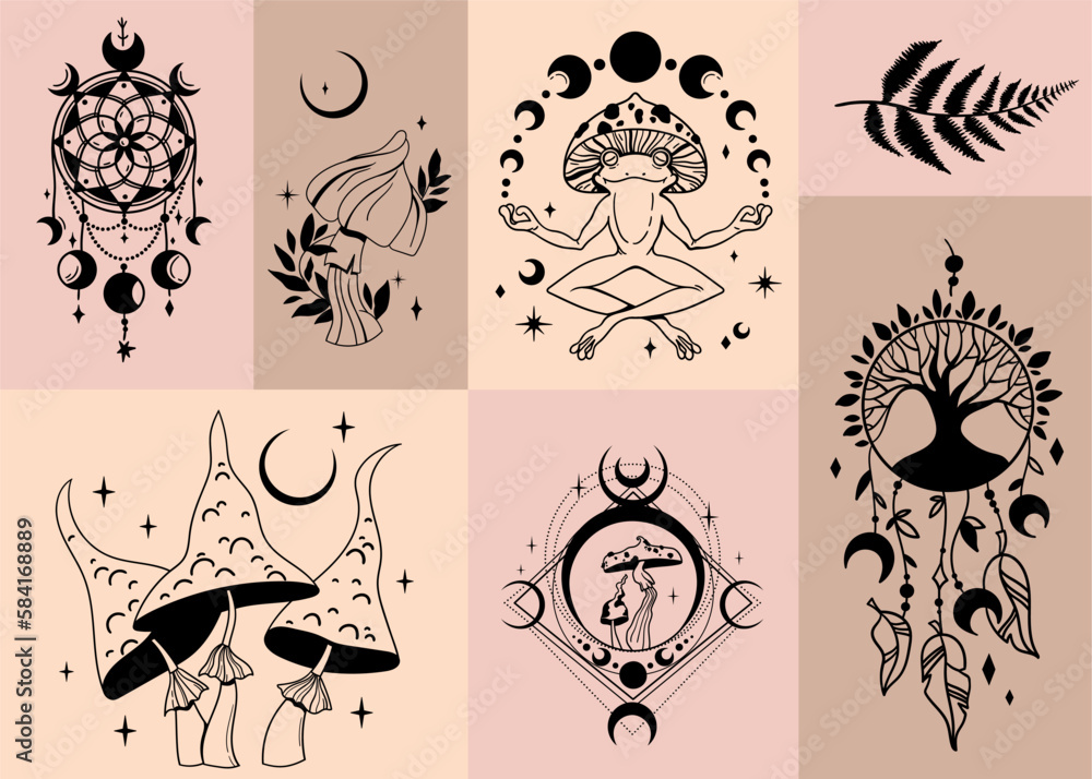 Mysticism vector clipart kit, Celestial frog, Flower moon and mushrooms,  fern leaf, mystical dream catcher isolated illustrations bundle in black  and white Stock Vector