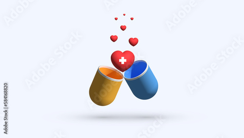 Medicine concept, opened pill 3d illustration, healthcare concept, capsule medical treatment idea