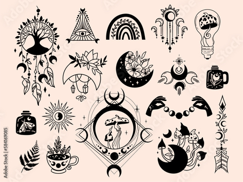Mystical celestial clipart bundle, Mysticism and esoteric, Flower moon, dream catcher, mushrooms and other spiritual elements isolated vector elements