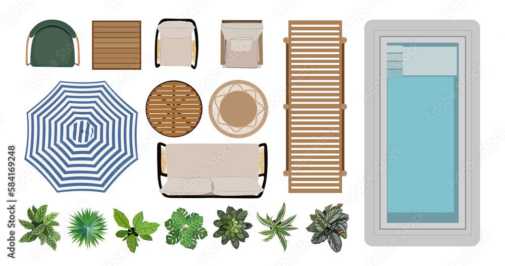 Outdoor furniture top view icons for interior and landscape design plan