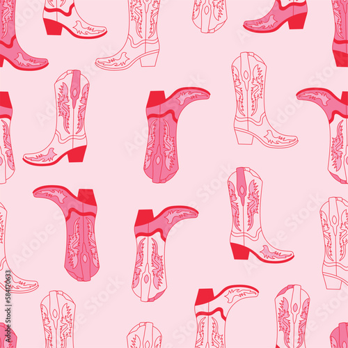 Retro seamless pattern with different Cowgirl boots. Pink color boots. Wild West fashion style vector for invitation, wrapping paper, packaging etc.