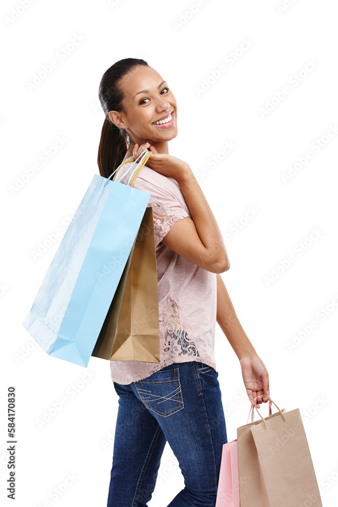 Portrait, shopping bags and woman with fashion on an isolated and transparent png background. Discount celebration, sales deal and happy girl customer pleased after buying at mall Portrait, shopping bags and woman with fashion on an isolated and transparent png background. Discount celebration, sales deal and happy girl customer pleased after buying at mall
