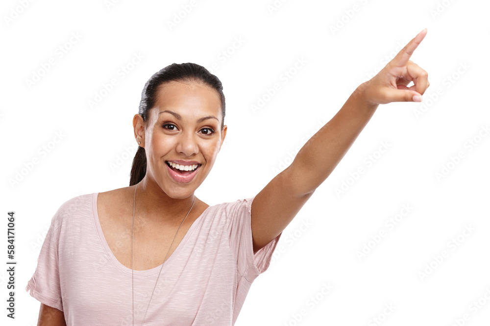 Woman, portrait and pointing finger up in studio for advertising mockup, marketing promo or sales product suggestion. Excited smile and point hands on an isolated and transparent png background Woman, portrait and pointing finger up in studio for advertising mockup, marketing promo or sales product suggestion. Excited smile and point hands on an isolated and transparent png background
