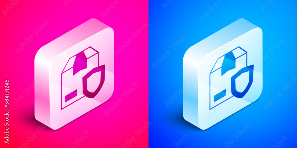 Isometric Delivery security with shield icon isolated on pink and blue background. Delivery insurance. Insured cardboard boxes beyond the shield. Silver square button. Vector Isometric Delivery security with shield icon isolated on pink and blue background. Delivery insurance. Insured cardboard boxes beyond the shield. Silver square button. Vector