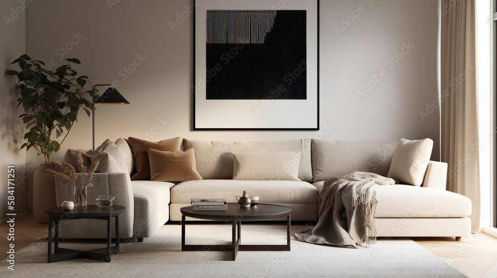 Stylish Living Room Interior with Mockup Frame Poster, Modern interior design, 3D render, 3D illustration Stylish Living Room Interior with Mockup Frame Poster, Modern interior design, 3D render, 3D illustration