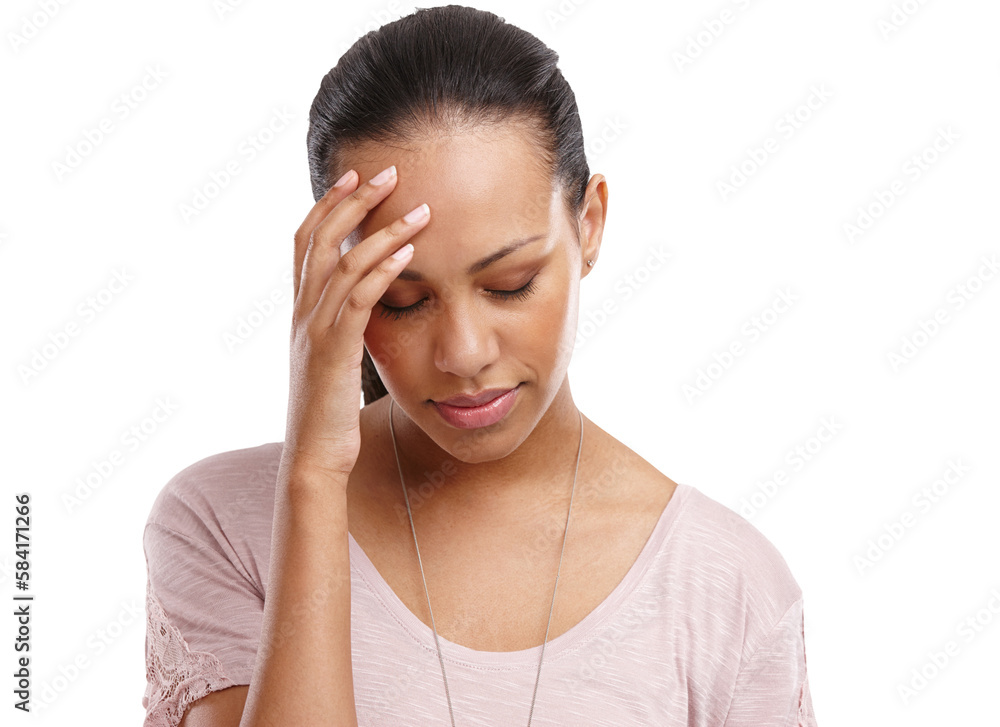 Headache, woman and face with pain, stress and portrait of crisis or anxiety on a isolated and transparent png background. Bad mental health, depression or psychology of frustrated girl with migraine Headache, woman and face with pain, stress and portrait of crisis or anxiety on a isolated and transparent png background. Bad mental health, depression or psychology of frustrated girl with migraine