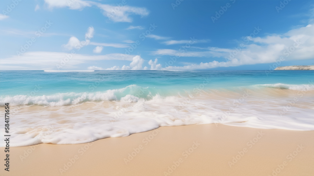 Sandy beach with blurry blue ocean.