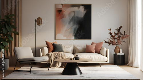 Stylish Living Room Interior with Mockup Frame Poster, Modern interior design, 3D render, 3D illustration