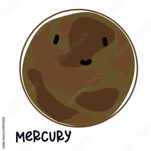 Isolated large colored planet mercury with a face and signature. Cartoon vector illustration of a cute smiling planet in the solar system. Use for a logo for children's products