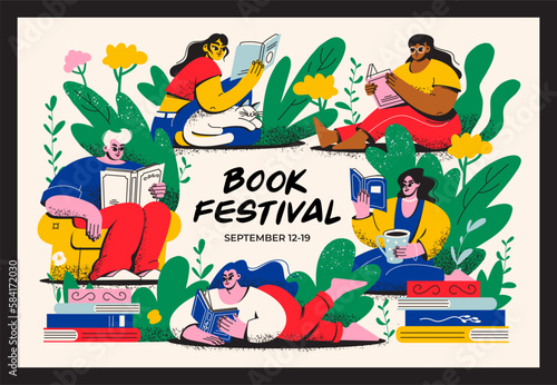 Poster of the book festival. A group of men and women are reading books. Library, bookstore