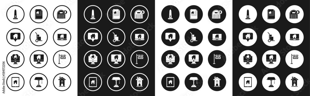 Set Warehouse with dollar symbol, Hand truck and boxes, Map pointer, Washington monument, Laptop smart home, House contract, Hanging sign text Sale and Monitor heart shape icon. Vector Set Warehouse with dollar symbol, Hand truck and boxes, Map pointer, Washington monument, Laptop smart home, House contract, Hanging sign text Sale and Monitor heart shape icon. Vector