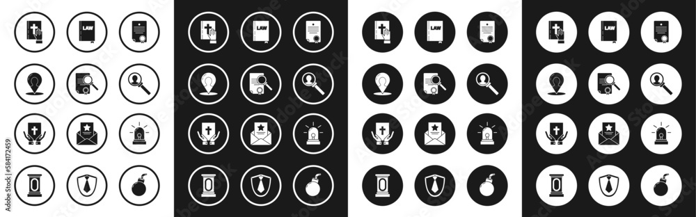 Set Certificate template, Document with search, Map marker silhouette of person, Oath the Holy Bible, Magnifying glass for, Law book, Flasher siren and icon. Vector Set Certificate template, Document with search, Map marker silhouette of person, Oath the Holy Bible, Magnifying glass for, Law book, Flasher siren and icon. Vector