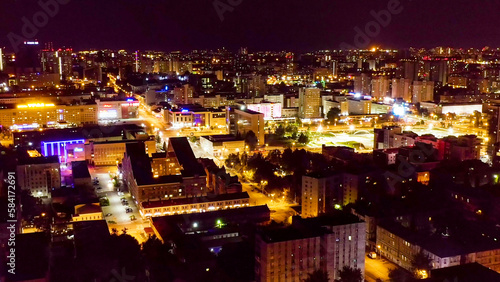 Perm, Russia - August 3, 2020: Downtown Perm at night, from a height of view, Aerial View © nikitamaykov