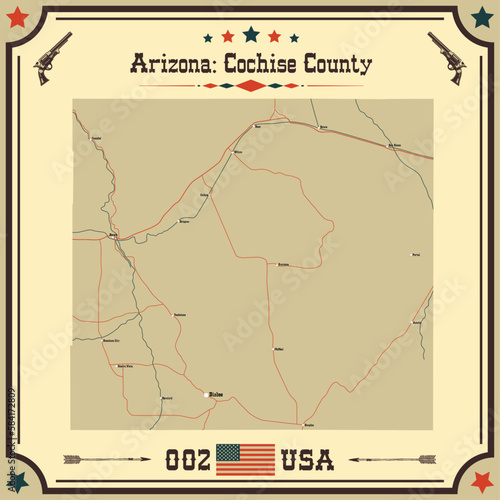 Large and accurate map of Cochise County, Arizona, USA with vintage colors.