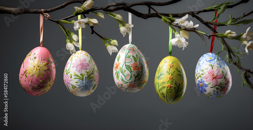 Colorful easter eggs hanging from cherry tree. Concept and idea of happy easter day.