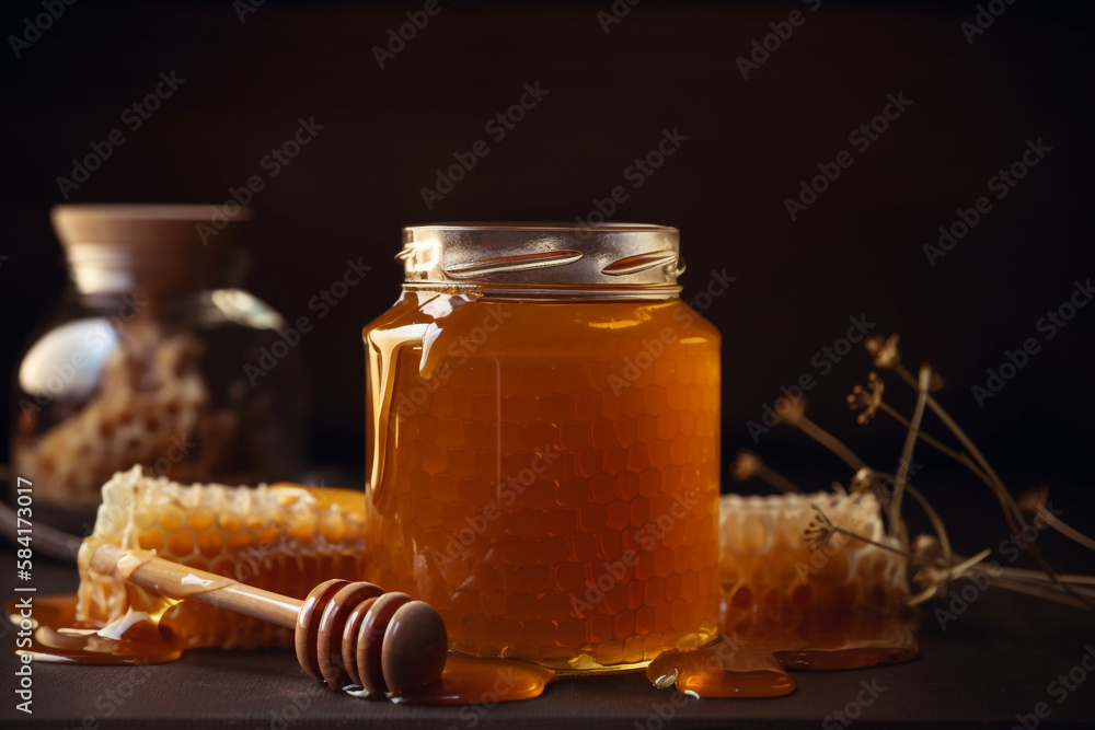 jar of honey and honeycomb. black background. jar of honey and honeycomb. black background.