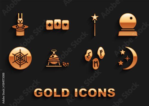 Set Witch cauldron and magic stone, Magic ball, Moon stars, runes, Spider web, wand, Magician hat rabbit and Playing cards icon. Vector