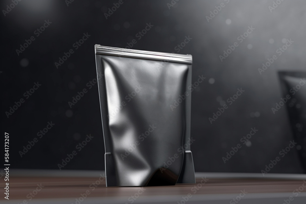 Metallic pouch mockup on dark background. Foil food or drink bag packaging, package pouch with zipper. AI generated image. Metallic pouch mockup on dark background. Foil food or drink bag packaging, package pouch with zipper. AI generated image.