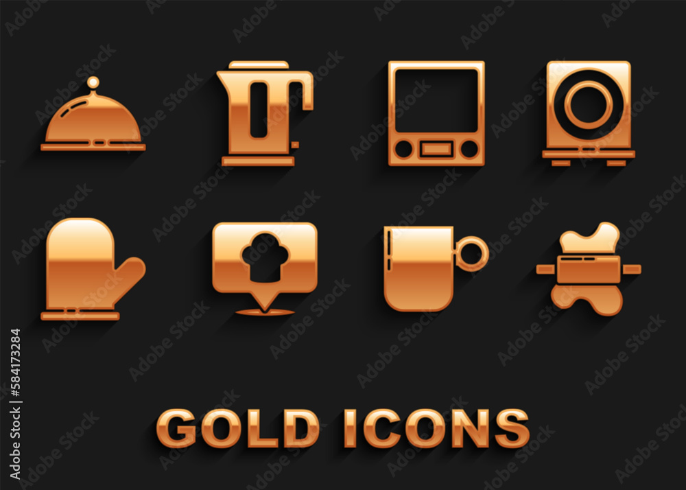 Set Chef hat with location, Electric stove, Rolling pin dough, Coffee cup, Oven glove, Electronic scales, Covered tray food and kettle icon. Vector Set Chef hat with location, Electric stove, Rolling pin dough, Coffee cup, Oven glove, Electronic scales, Covered tray food and kettle icon. Vector