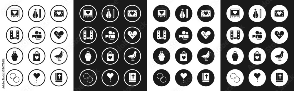 Set Envelope with Valentine heart, Cinema camera, Home stereo two speakers, Photo frames and hearts, Broken or divorce, Violin, Dove and Wedding cake icon. Vector Set Envelope with Valentine heart, Cinema camera, Home stereo two speakers, Photo frames and hearts, Broken or divorce, Violin, Dove and Wedding cake icon. Vector