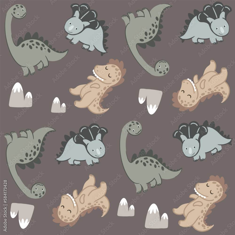 Cute cartoon dinosaurs characters, seamless pattern with hand drawn illustrations
