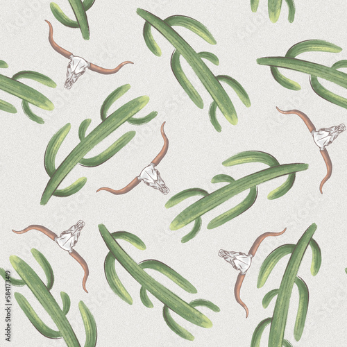 Cactuses and longhorn skulls, seamless pattern with digital hand drawn art