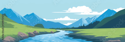 narrow flowing river, bright blue skies, Alpine mountain in background, minimalist drawing style. generative ai
