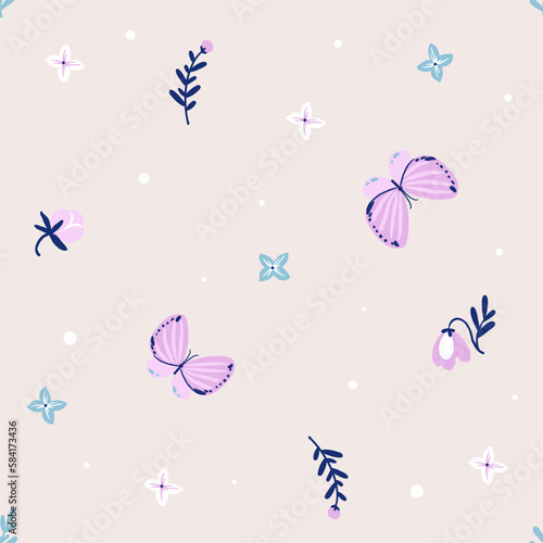Butterflies and wild flowers, seamless pattern with vector hand drawn art