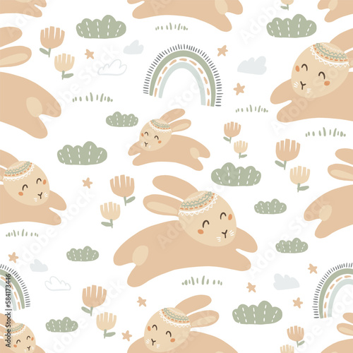 Jumping bunnies with rainbows, seamless pattern with vector hand drawn illustrations