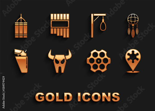 Set Buffalo skull, Dream catcher with feathers, Hexagram sheriff, Revolver cylinder, gun holster, Gallows, Dynamite bomb and Pan flute icon. Vector
