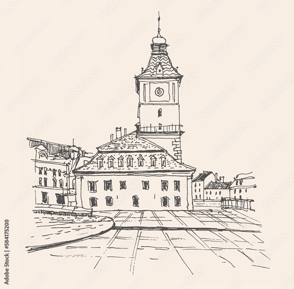 Travel sketch illustration of The Council Square in the historic centre of Brașov, Romania. Piața Sfatului. Urban sketch in black color on beige background. A hand-drawn old building, a pen on paper.
