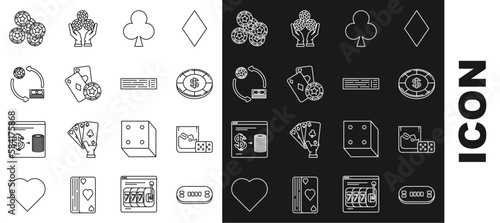Set line Poker table, Game dice and glass of whiskey with ice cubes, Casino chip dollar symbol, Playing card clubs, playing cards, chips exchange on stacks dollars, and Deck icon. Vector