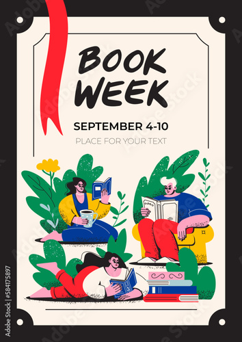 Vertical poster of the book festival. A man and women read books. Library, bookstore