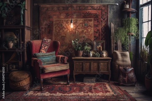 Bohemian interior backdrop. Generative AI