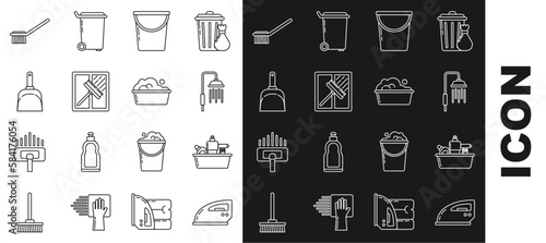 Set line Electric iron, Plastic bottles for liquid dishwashing liquid, Shower head with water drops flowing, Bucket, Squeegee, scraper, wiper, Dustpan, Toilet brush and basin soap suds icon. Vector