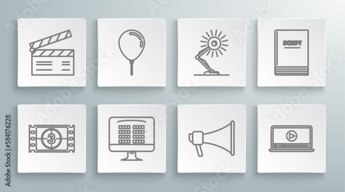 Set line Play Video, Balloon with ribbon, Buy cinema ticket online, Megaphone, Online play video, Table lamp, Scenario and Movie clapper icon. Vector