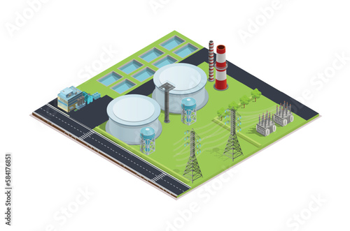 Modern vector isometric renewable electricity generation. Wind farm, hydroelectric and tidal power stations, geothermal and solar or photovoltaic power plants