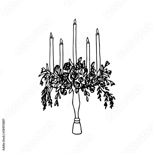 long burning candles on a candlestick decorated with flowers - hand drawn doodle. candlestick with floral decoration vector sketch