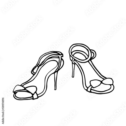 sandals with a bow on a thin stiletto heel - hand drawn doodle. summer women's shoes with stilettos vector sketch