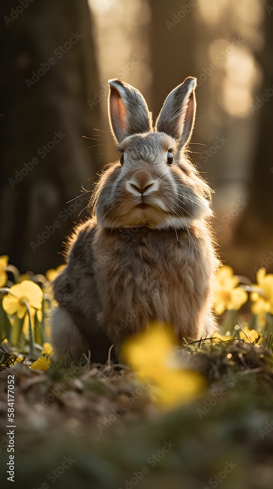 Obraz premium Fluffy rabbit sitting in a patch of daffodils, created with Generative AI