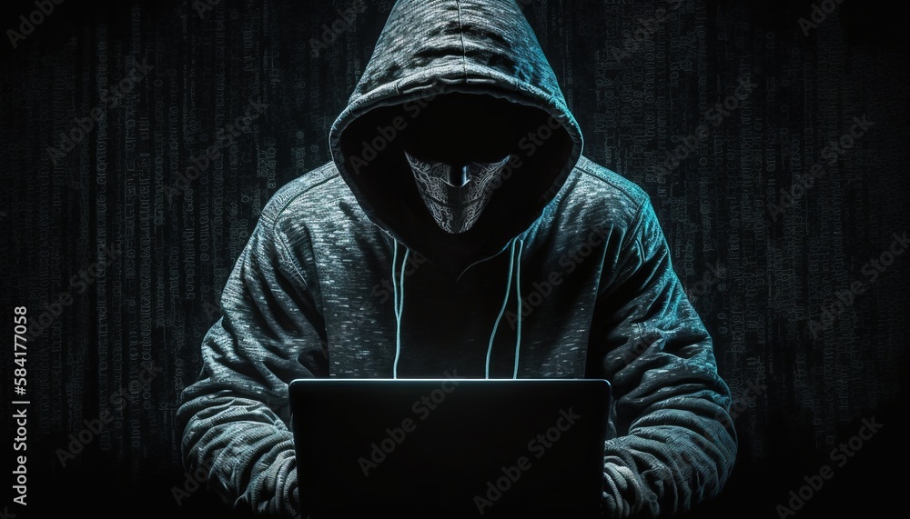 Cyber hacker in a dark hoodie with a laptop. Hacker in hood without a face at laptop. Internet scammer or thief. Obscured dark face. Hacker attack, virus infected software. Generative AI Cyber hacker in a dark hoodie with a laptop. Hacker in hood without a face at laptop. Internet scammer or thief. Obscured dark face. Hacker attack, virus infected software. Generative AI
