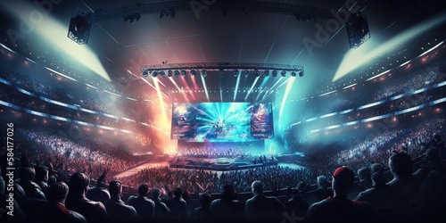 E-sports arena  filled with cheering fans and colorful LED lights. Players compete on a large stage in front of a massive screen. Big arena with many people  big stage  concert hall. Generative AI