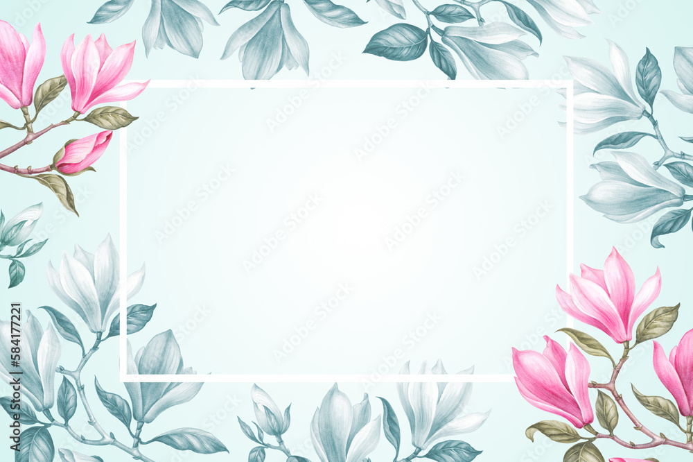 Pink watercolor frame. blossom elegant magnolia. Pink watercolor frame. blossom elegant magnolia.